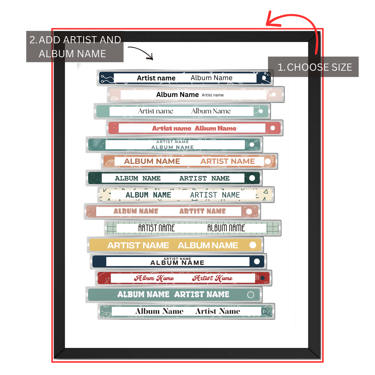 Personalized music collection print guide showing size selection and custom artist and album name personalization