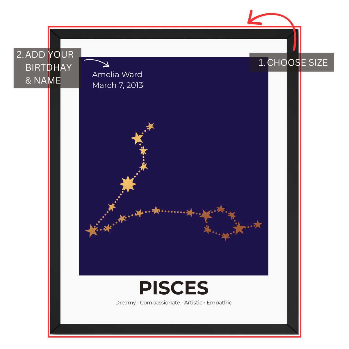 Pisces constellation print personalization guide showing custom name and birth date