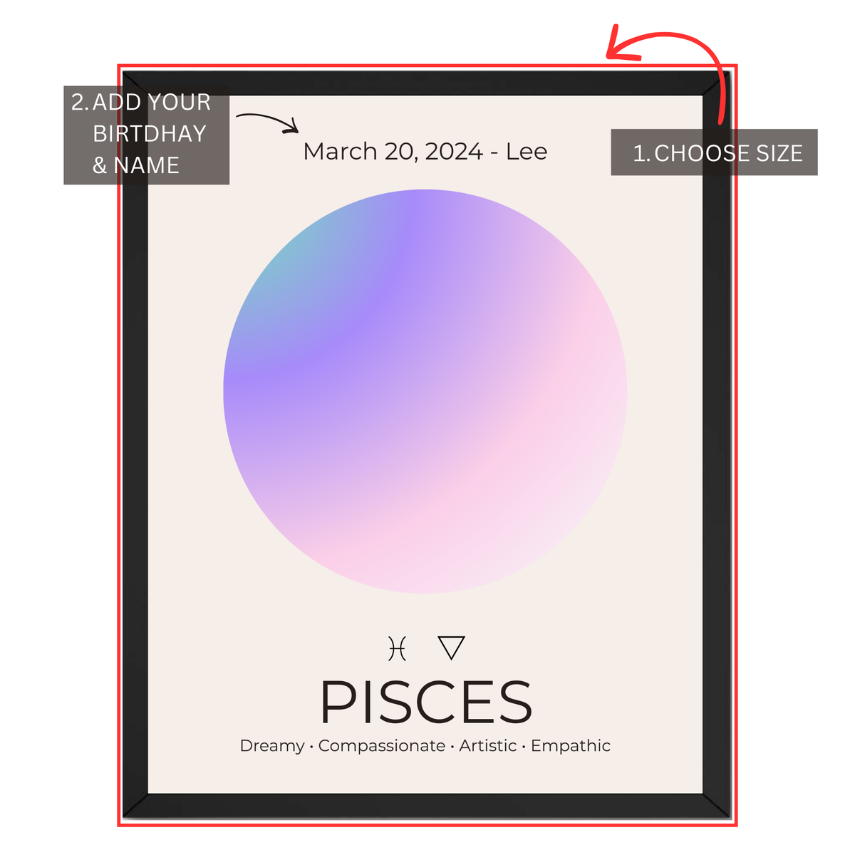 Pisces zodiac print personalization guide showing custom birthday, name and size selection
