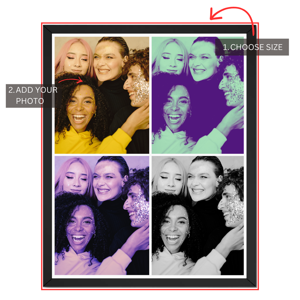 Personalized pop art photo booth print guide showing where to choose size and upload a custom photo