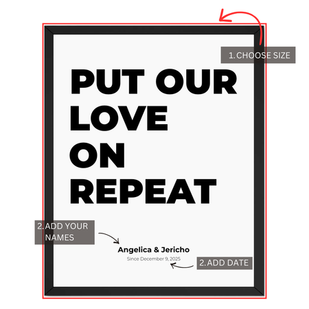 Put Our Love On Repeat print personalization guide showing custom names, special date and size selection