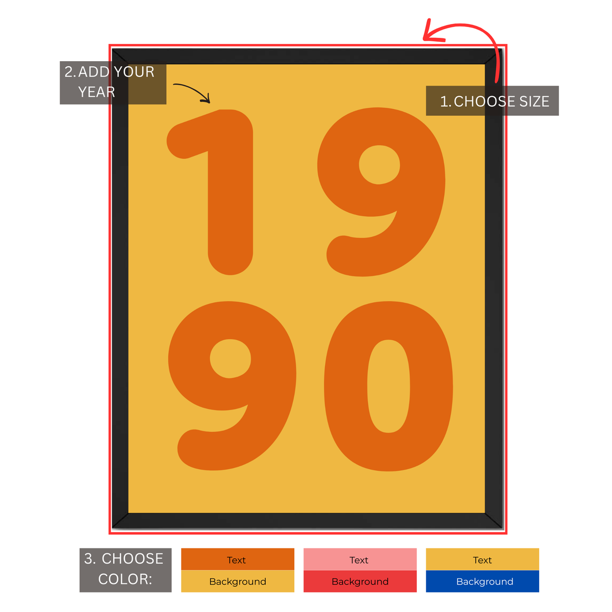 Personalized retro year print customization guide showing choose size add custom year and choose text and background colors