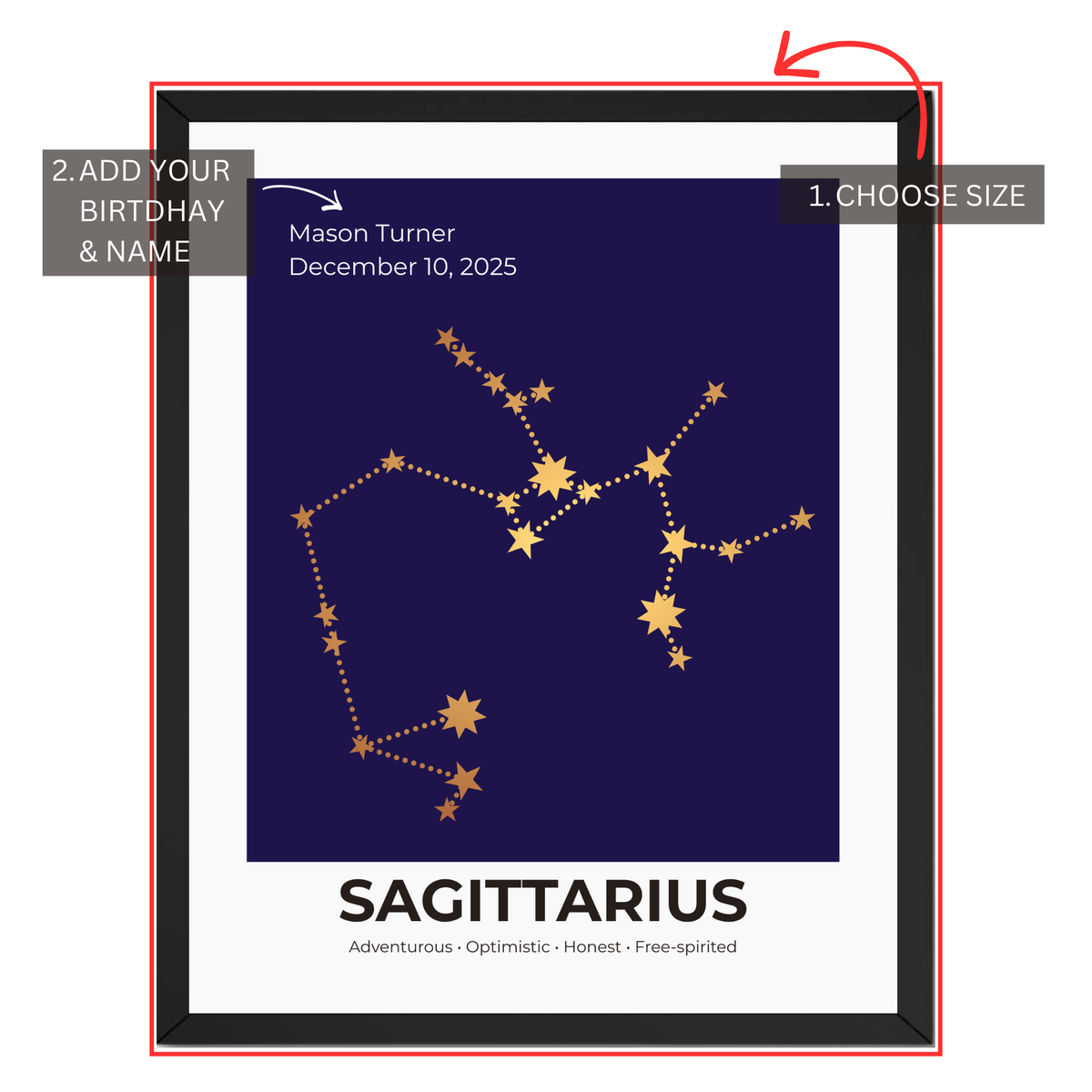 Sagittarius constellation print personalization guide showing custom name and birth date