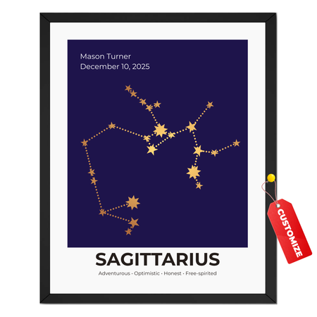 Personalized Sagittarius constellation print with custom name, birth date and celestial zodiac artwork