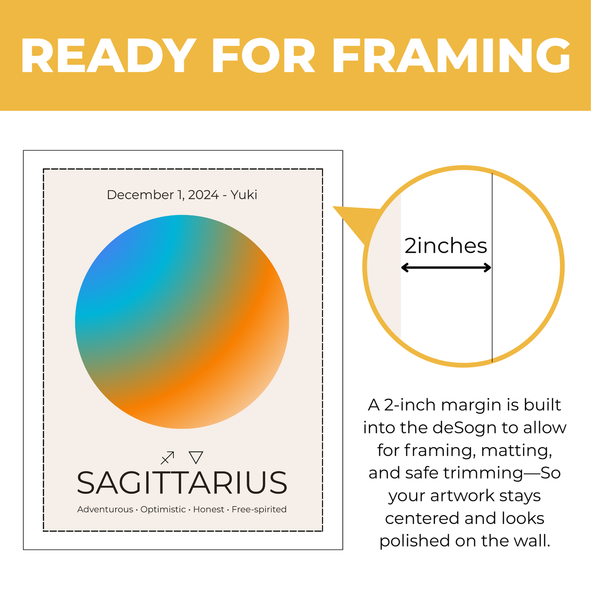 Personalized Sagittarius zodiac print showing approximately 2-inch built-in margin for framing and matting