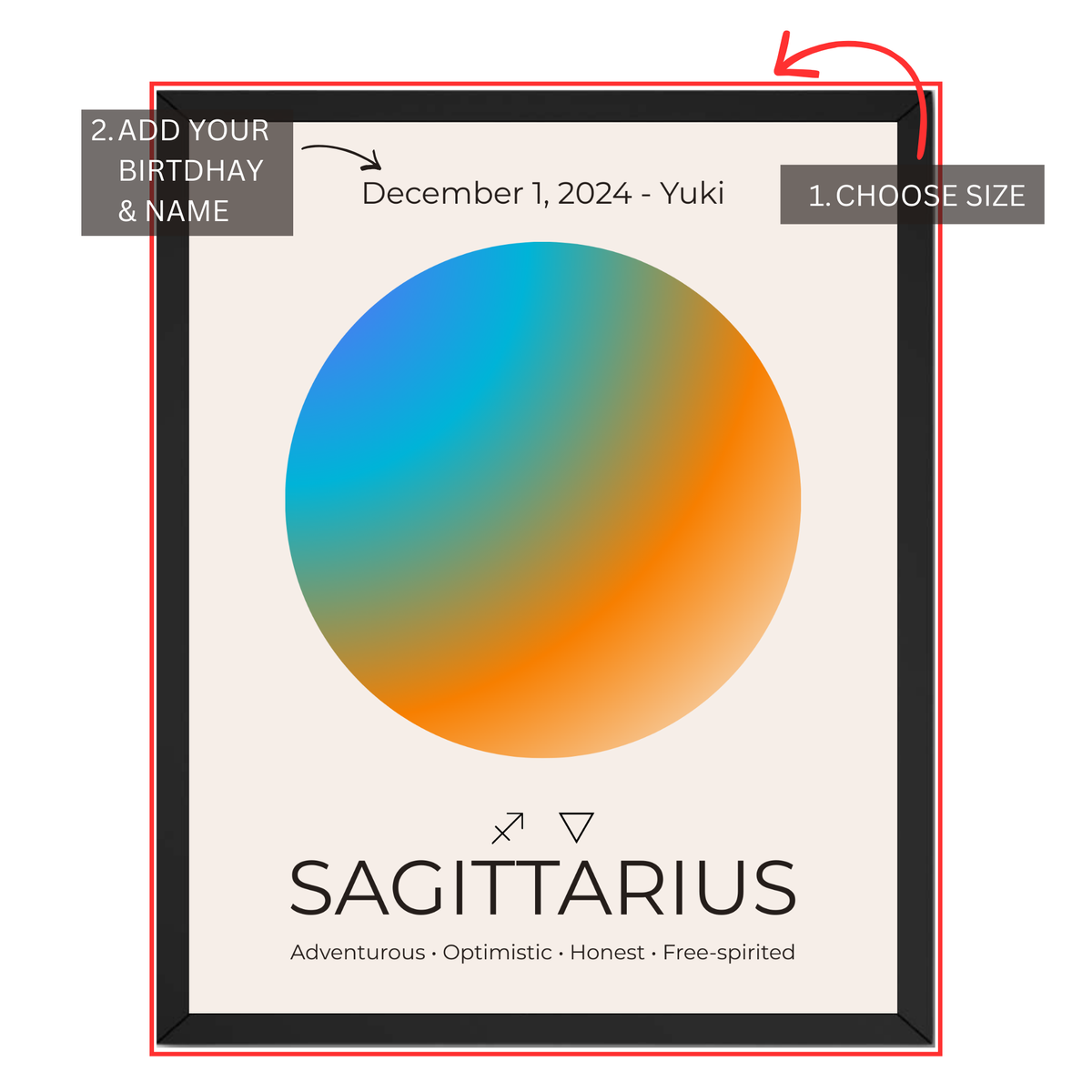 Sagittarius zodiac print personalization guide showing custom name, birth date and size selection