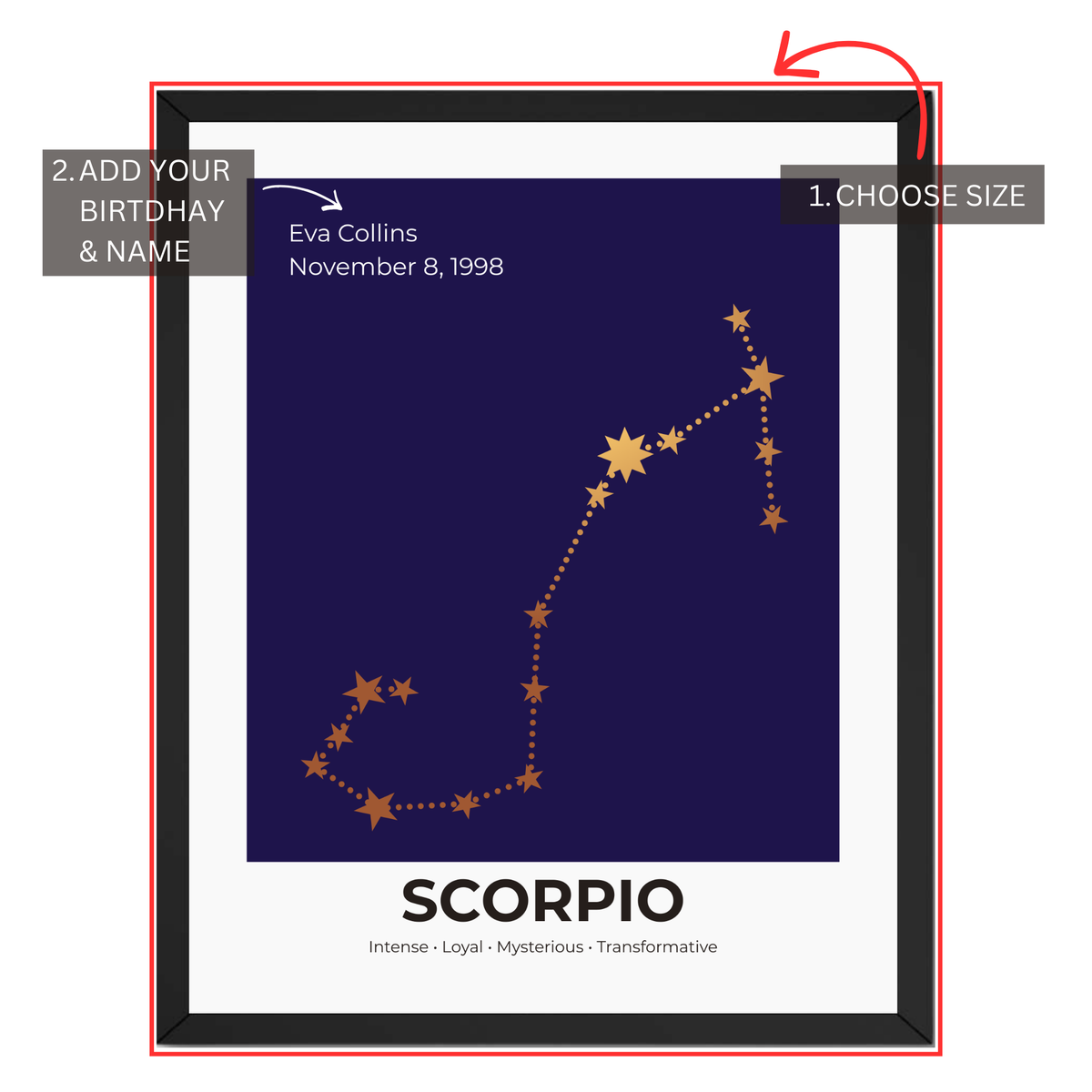 Scorpio constellation print personalization guide showing custom name and birth date