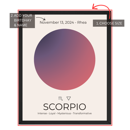 Scorpio zodiac print personalization guide showing custom name, birth date and size selection