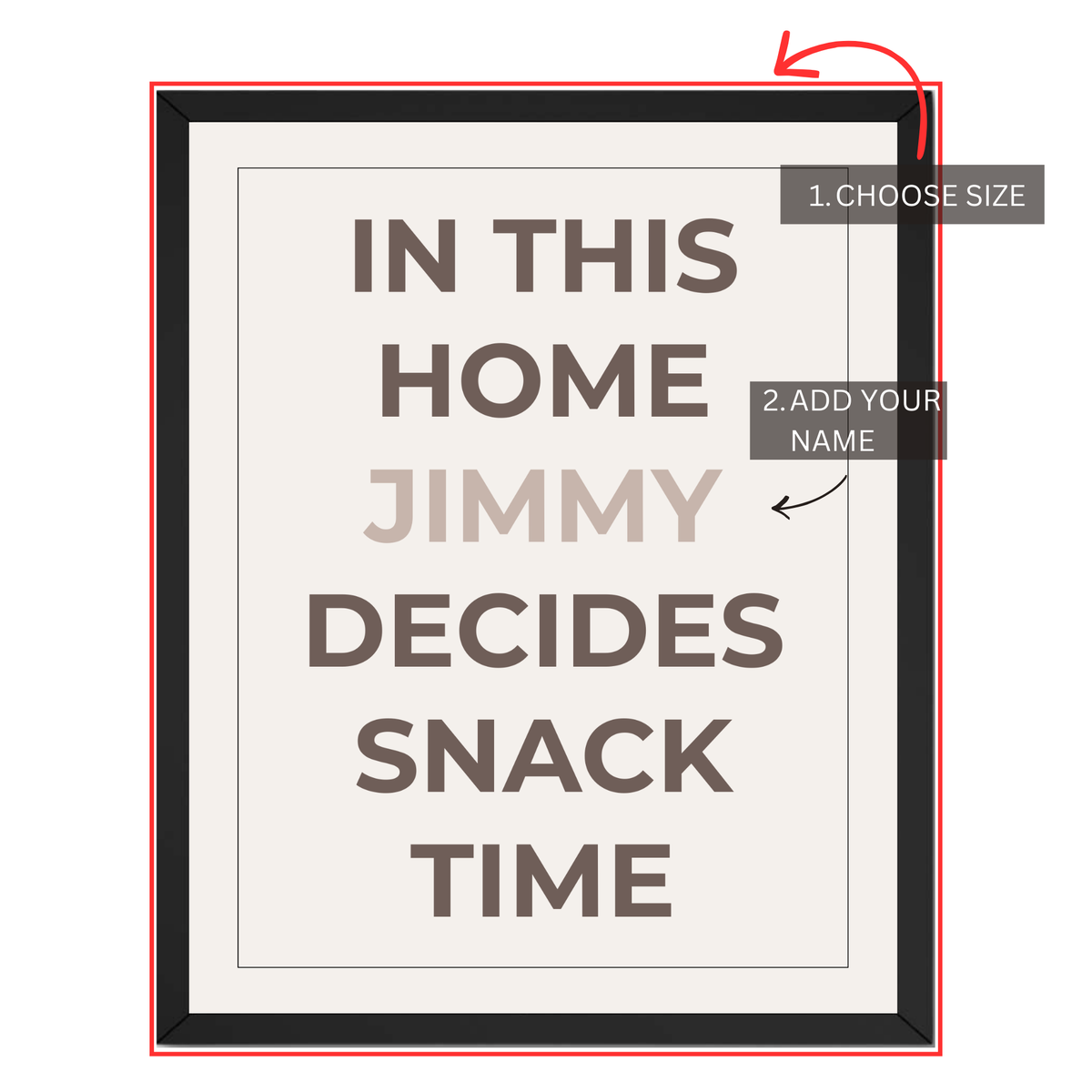 Personalized Snack Time print customization guide showing how to choose a size and add a custom name