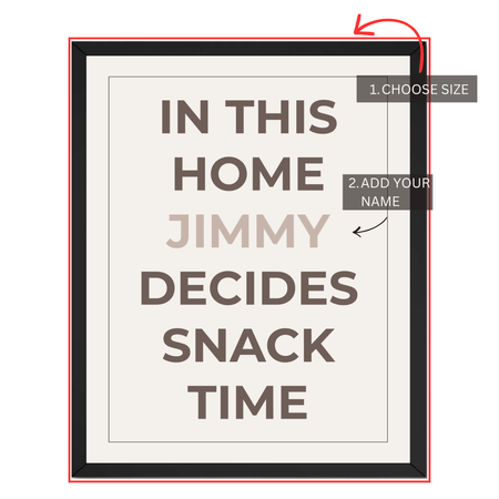Personalized Snack Time print customization guide showing how to choose a size and add a custom name