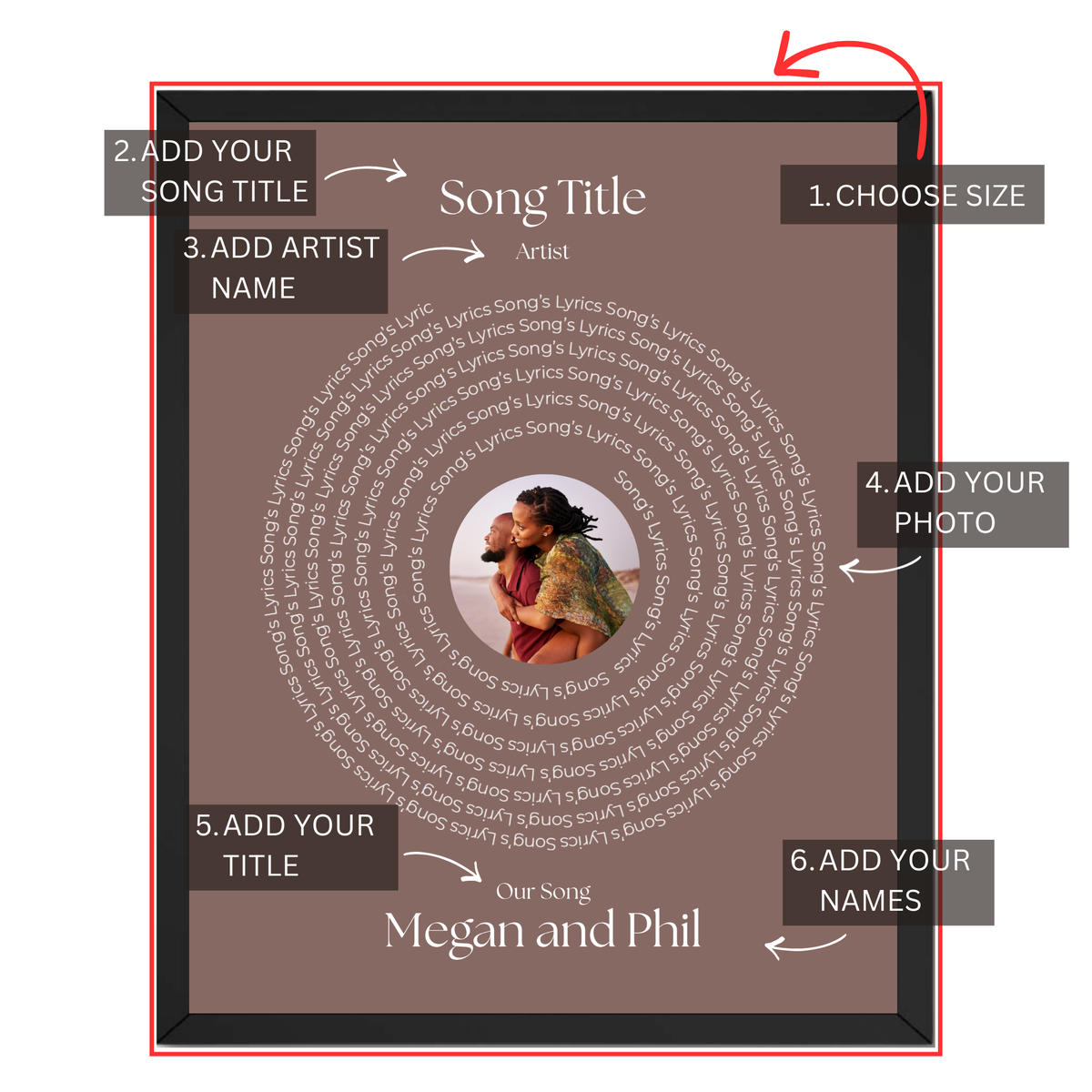 Personalized song lyrics photo print guide showing where to add song title, artist name, photo, custom title and names