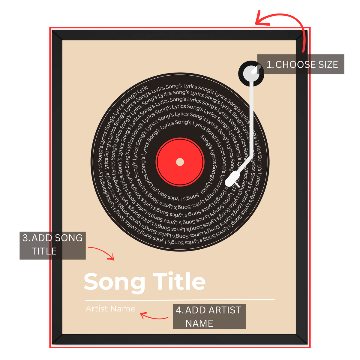 Personalized song lyrics poster customization guide showing size song title and artist name options