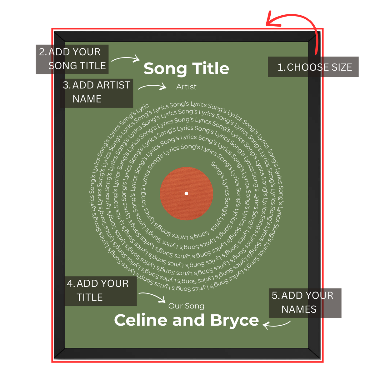 Personalized song lyrics record print guide showing where to add song title, artist, custom title and names