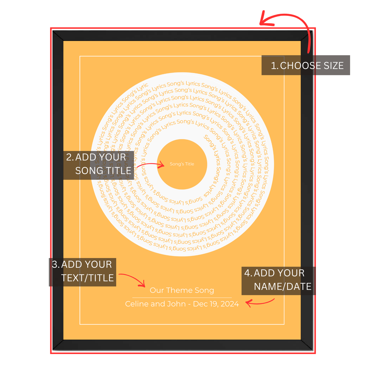 Personalized song lyrics vinyl print guide showing where to choose size and add song title, custom title, names and date