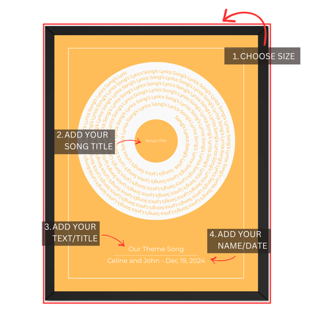Personalized song lyrics vinyl print guide showing where to choose size and add song title, custom title, names and date