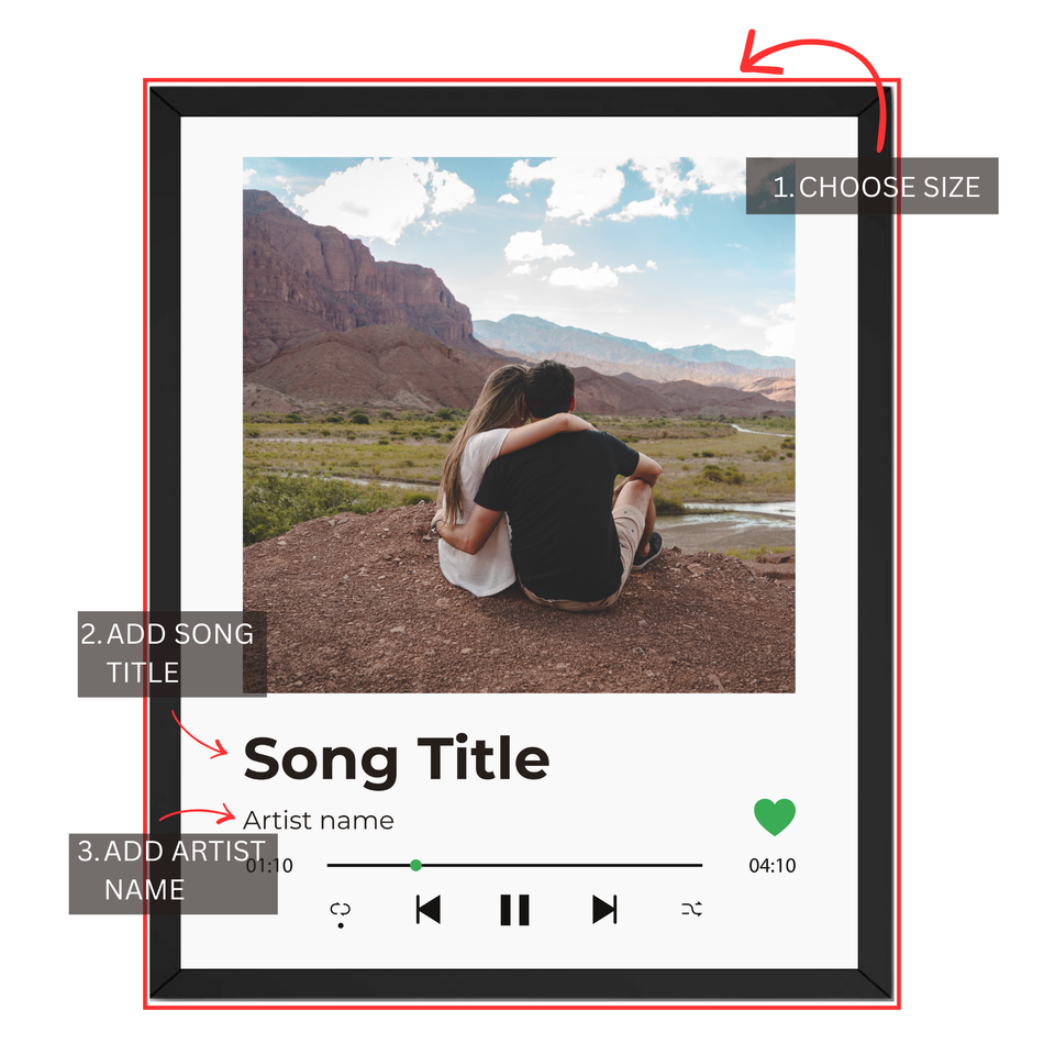 Personalized song photo poster customization guide showing size song title and artist name