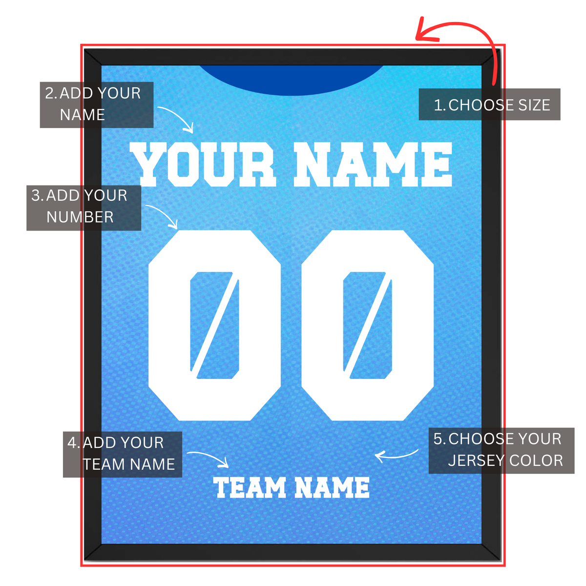 Personalized sports jersey print guide showing where to choose size, add name, number, team name and jersey color