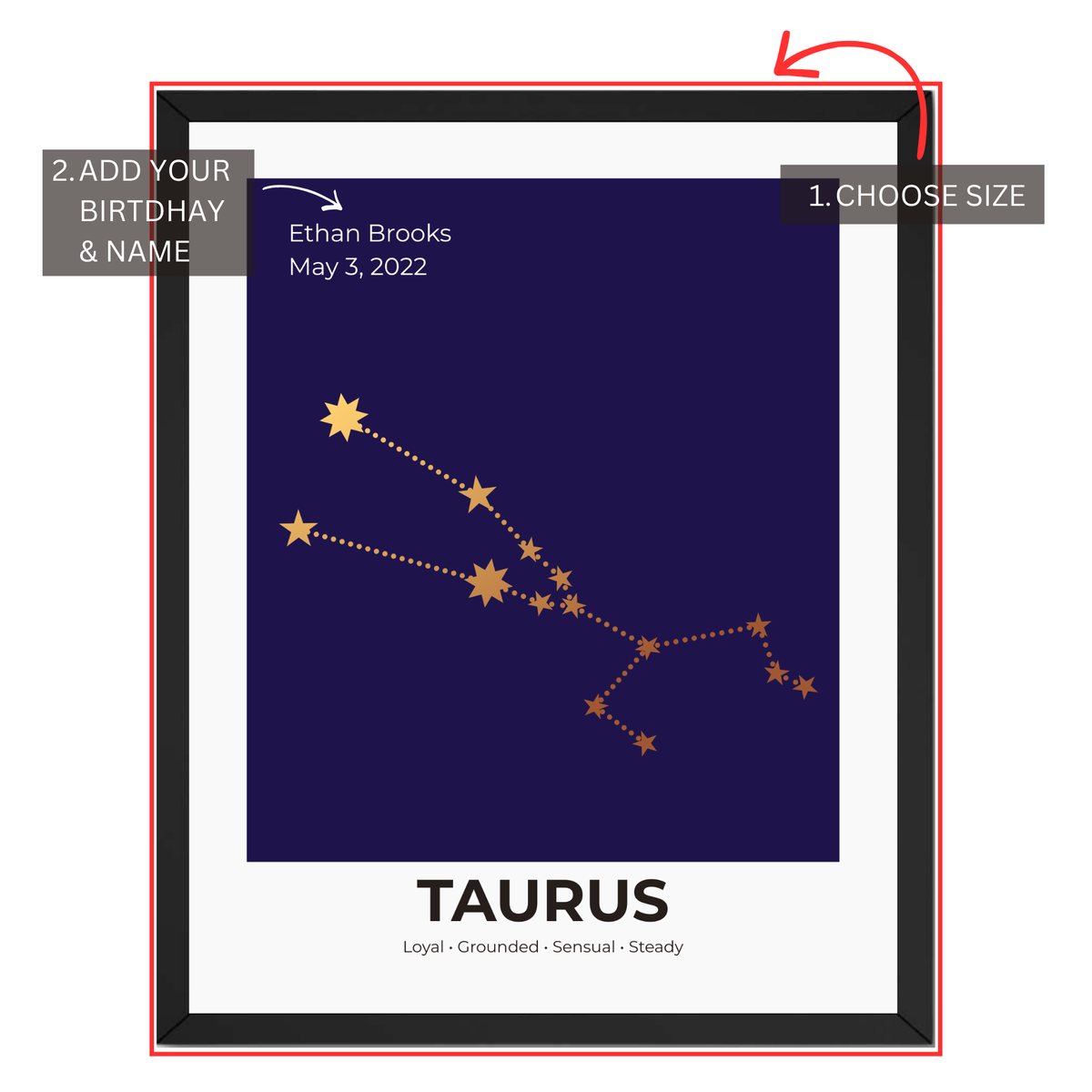Taurus constellation print personalization guide showing custom name and birth date