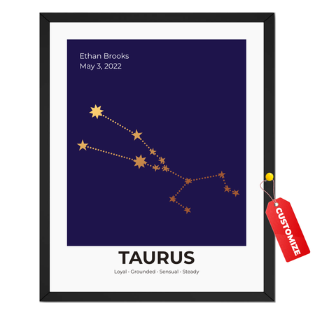 Personalized Taurus constellation print with custom name, birth date and Taurus zodiac artwork