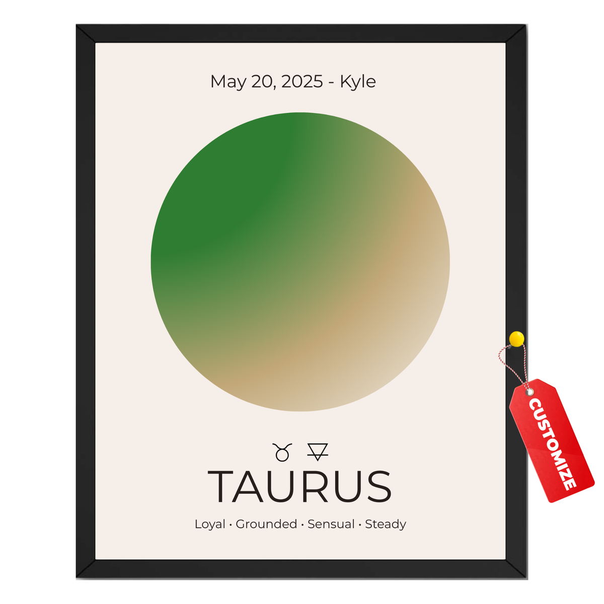 Personalized Taurus zodiac print with custom name, birth date, green gradient circle and Taurus zodiac symbols