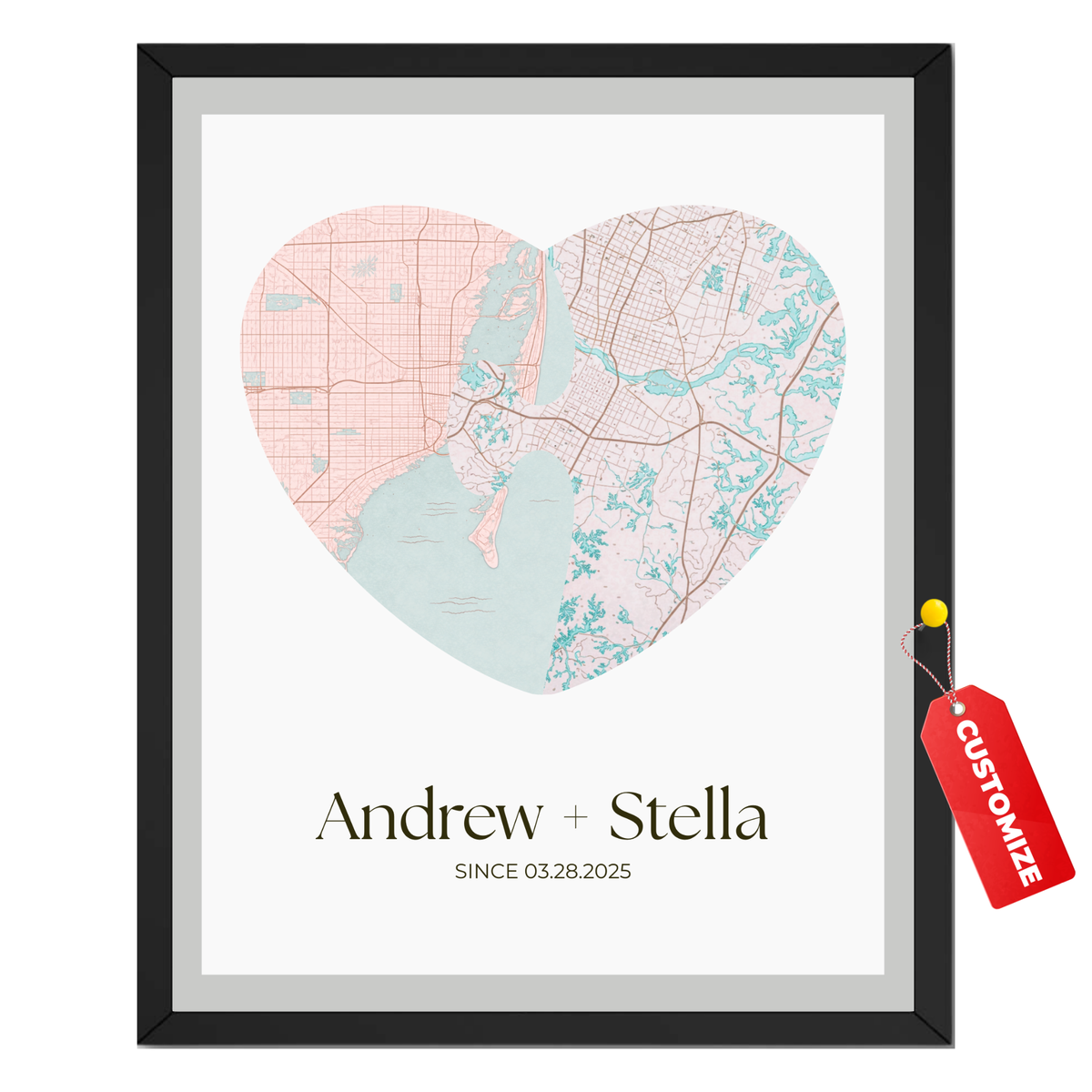 Personalized two city heart map poster with custom couple names and special date