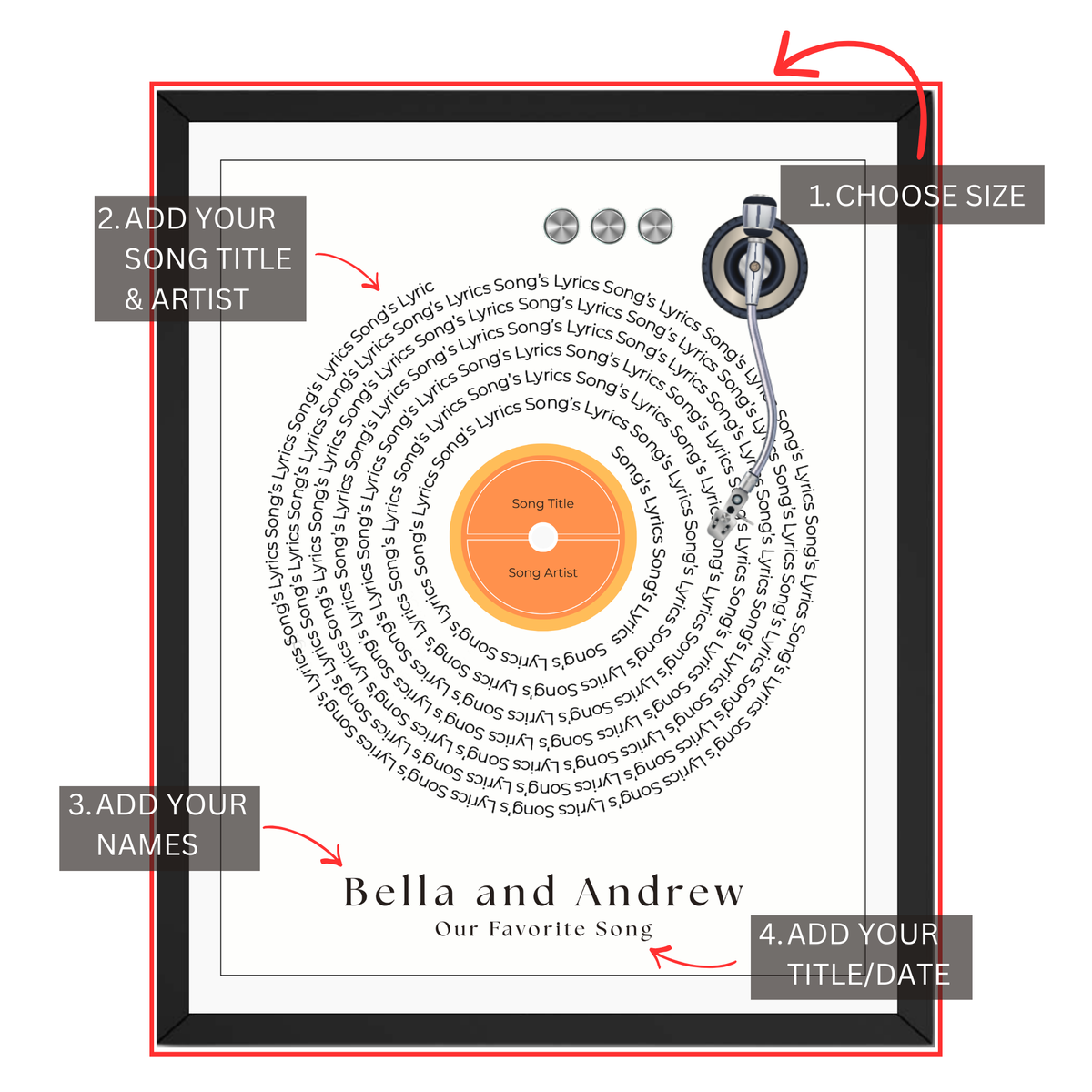 Personalized vinyl record song print guide showing where to choose size and add song title, artist, names and custom title or date