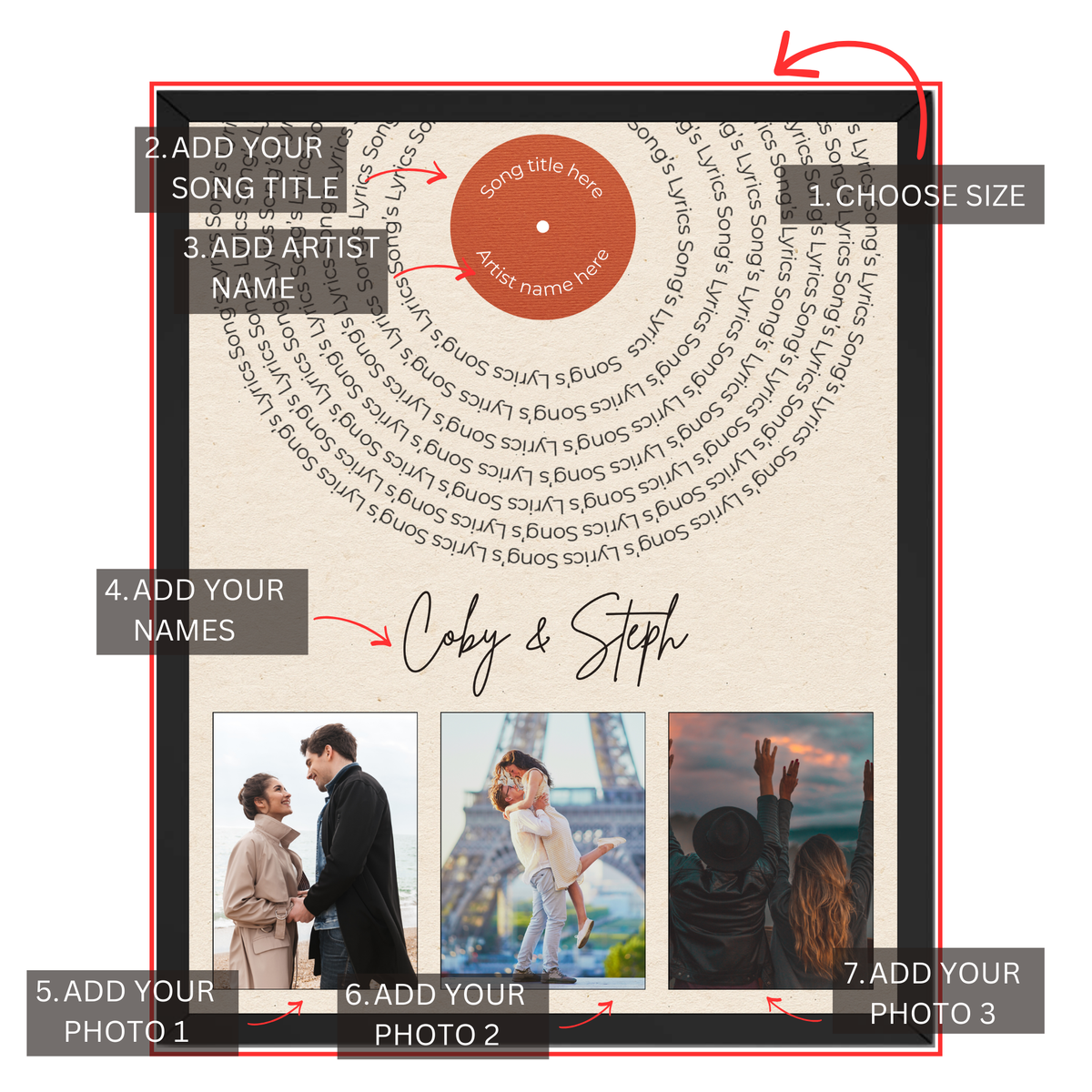 Custom song lyrics poster personalization guide for song title artist names and three photos
