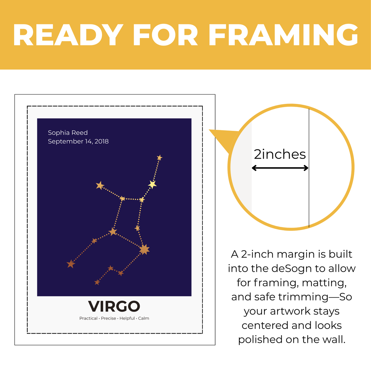 Personalized Virgo constellation print showing approximately 2-inch built-in margin for framing and matting