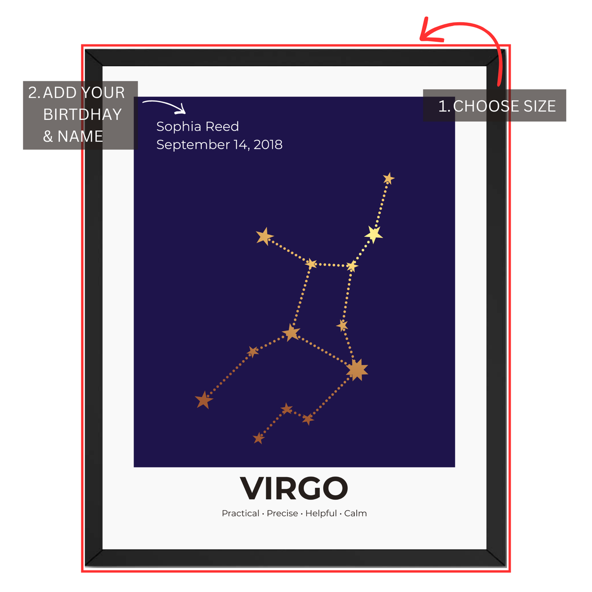 Virgo constellation print personalization guide showing custom name and birth date