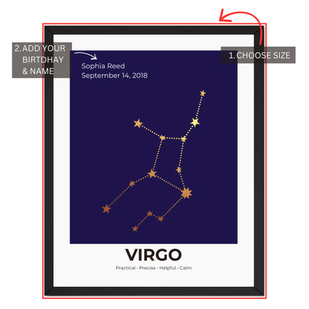 Virgo constellation print personalization guide showing custom name and birth date
