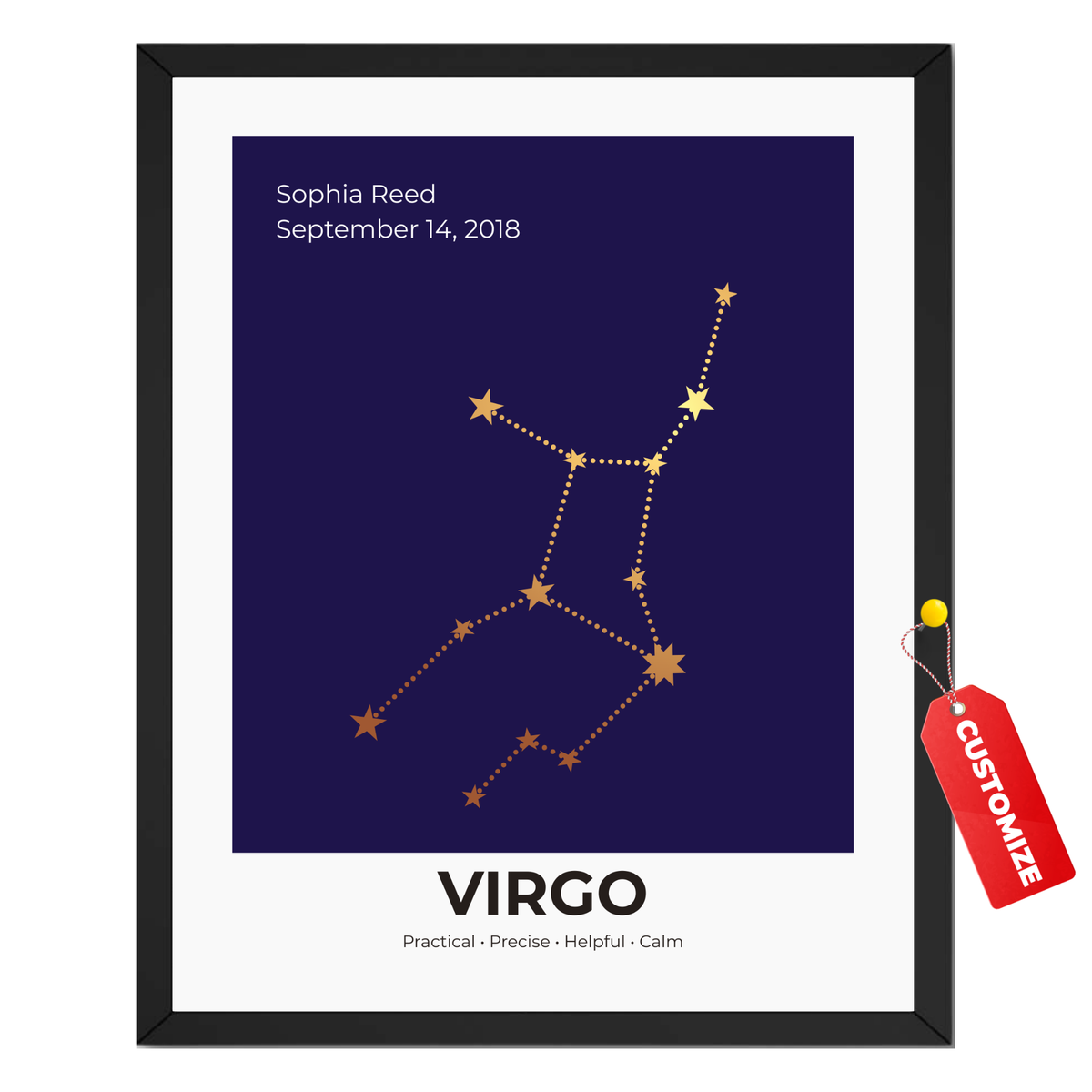 Personalized Virgo constellation print with custom name, birth date and Virgo zodiac artwork