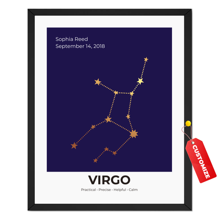 Personalized Virgo constellation print with custom name, birth date and Virgo zodiac artwork