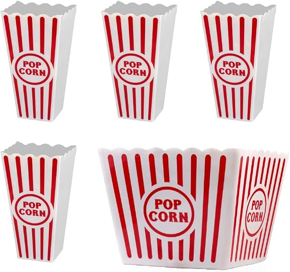 Five reusable popcorn buckets including four small and one large red and white container
