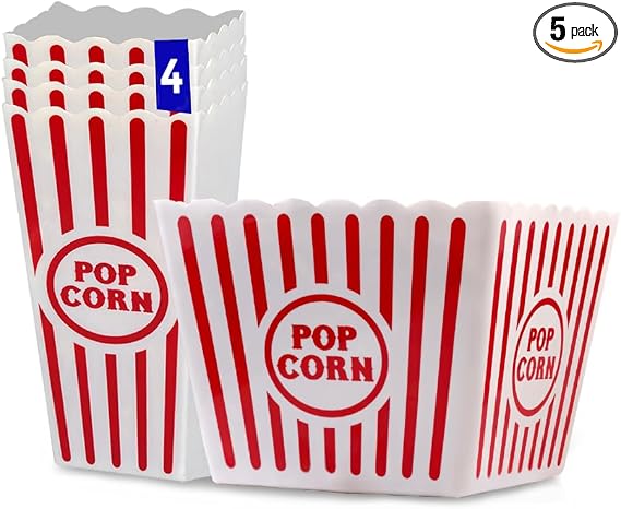 five-pack reusable popcorn buckets with one large and four small containers