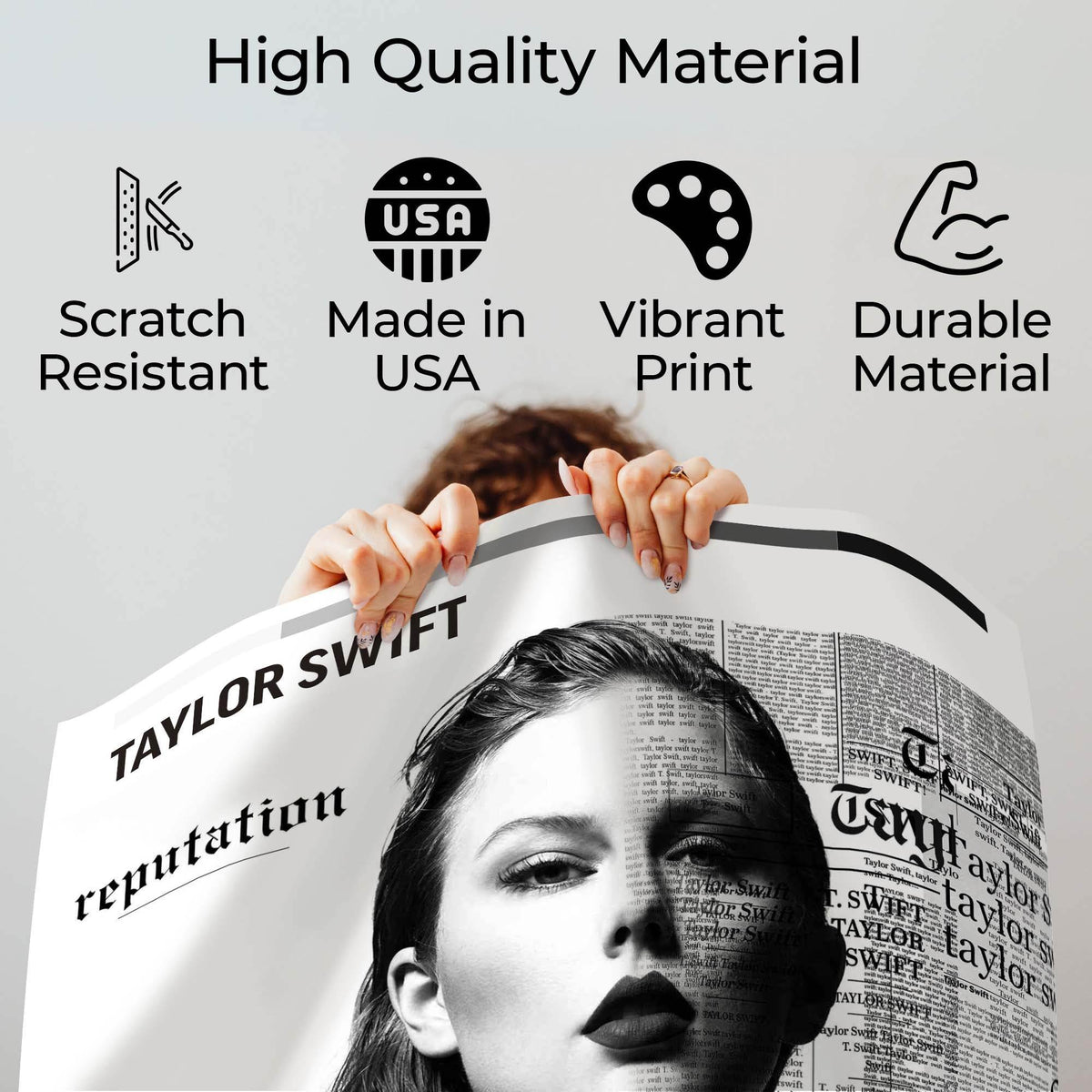 Reputation music portrait poster quality guide showing scratch-resistant material, Made in USA, vibrant print and durable construction