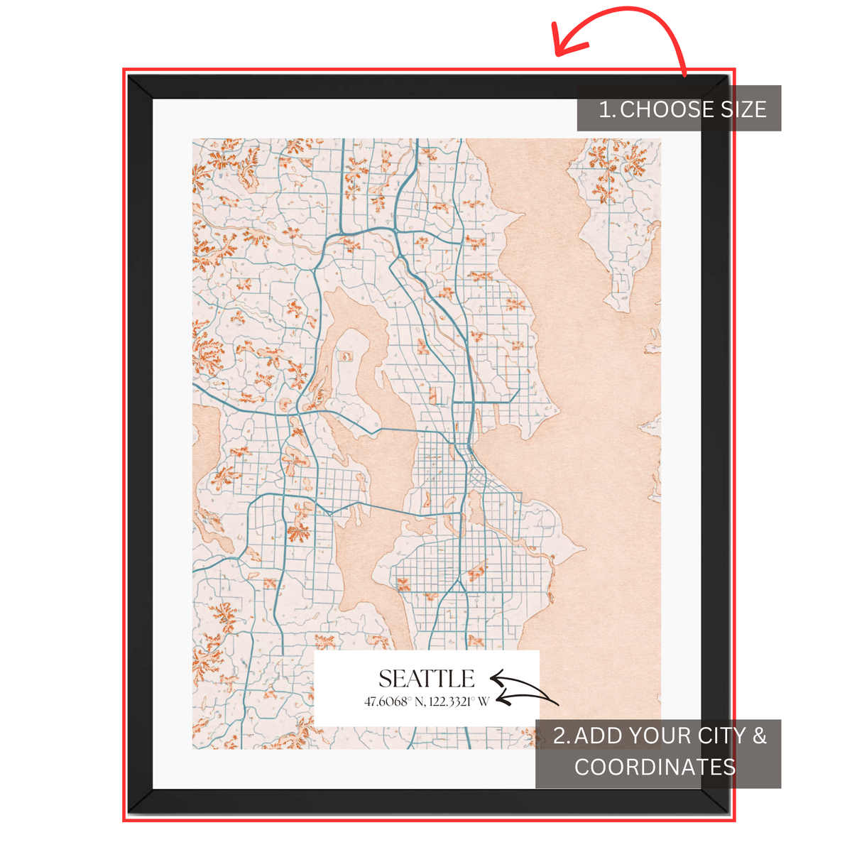 Personalized Seattle map customization guide showing city name coordinates and size selection