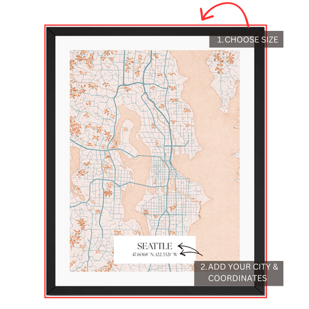 Personalized Seattle map customization guide showing city name coordinates and size selection