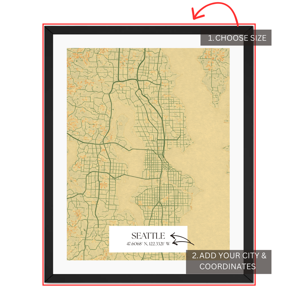 Personalized Seattle map customization guide showing city coordinates and size selection