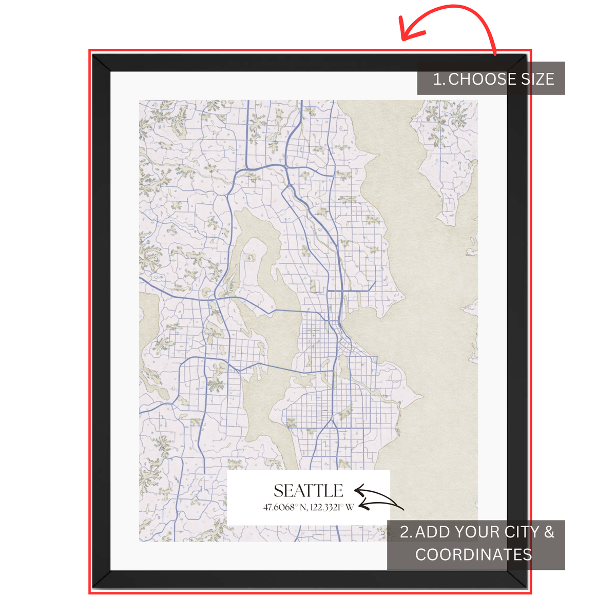 Personalized Seattle map customization guide showing size selection and custom city name with coordinates