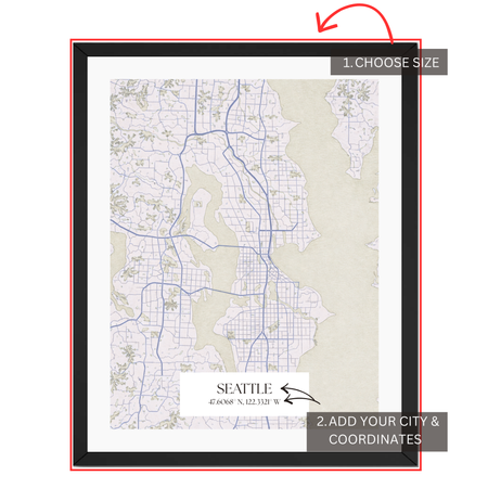 Personalized Seattle map customization guide showing size selection and custom city name with coordinates