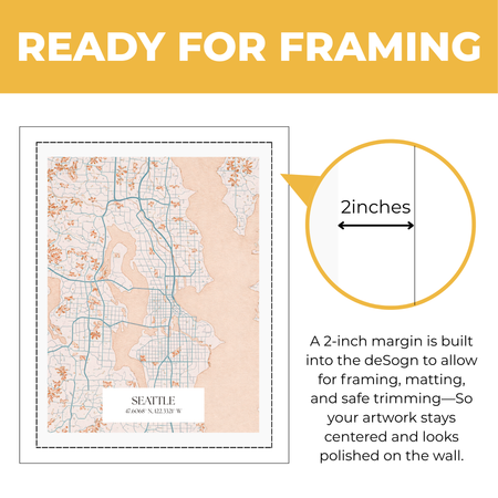 Seattle map artwork showing built-in two-inch margin for framing matting and safe trimming