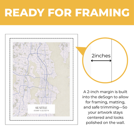 Seattle map poster showing two-inch built-in margin for framing matting and trimming