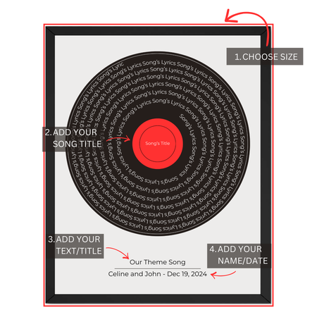 Personalized song lyrics poster customization guide showing song title caption names date and size selection
