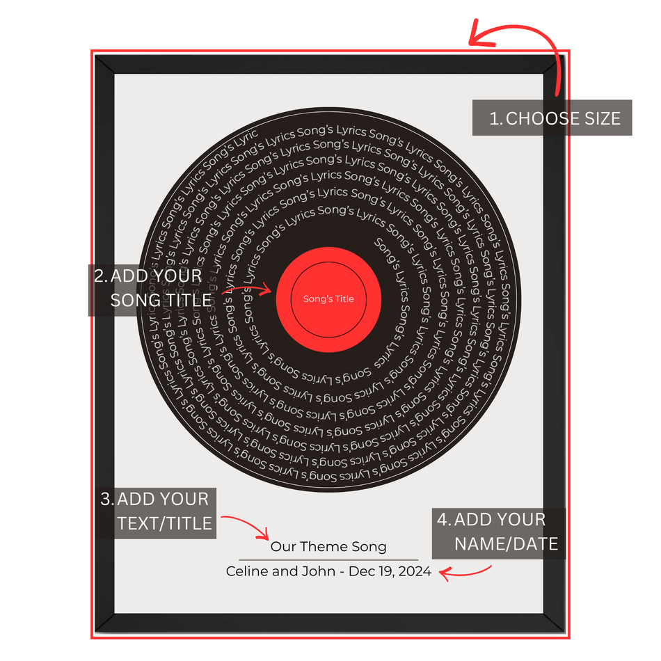 Personalized song lyrics poster customization guide showing song title caption names date and size selection