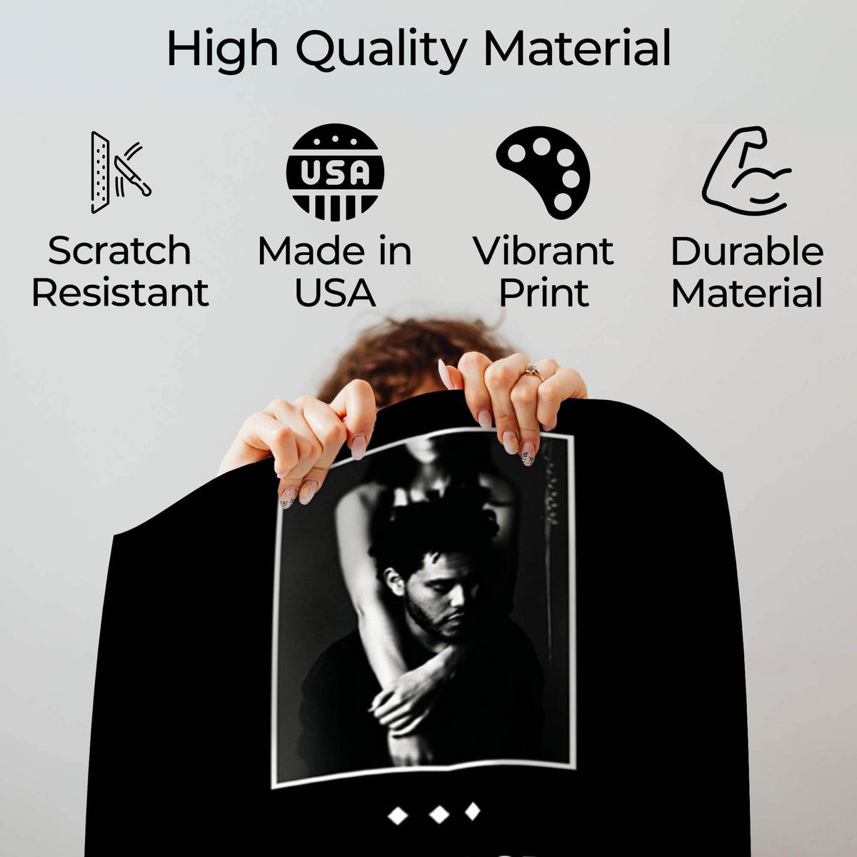 Trilogy music poster quality guide showing scratch-resistant material, Made in USA, vibrant print and durable construction