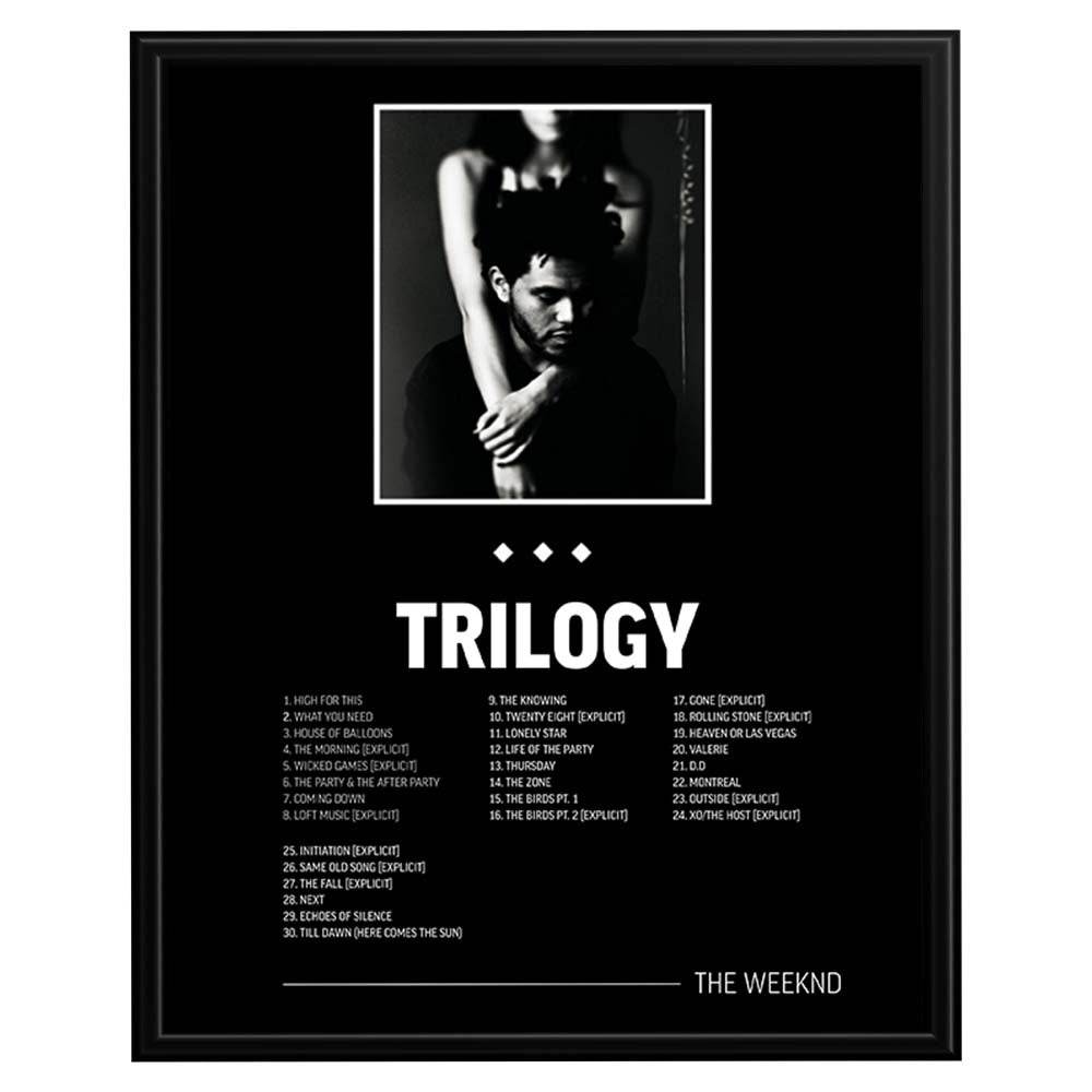 Trilogy music poster featuring black-and-white album-inspired portrait, track listing and bold title typography
