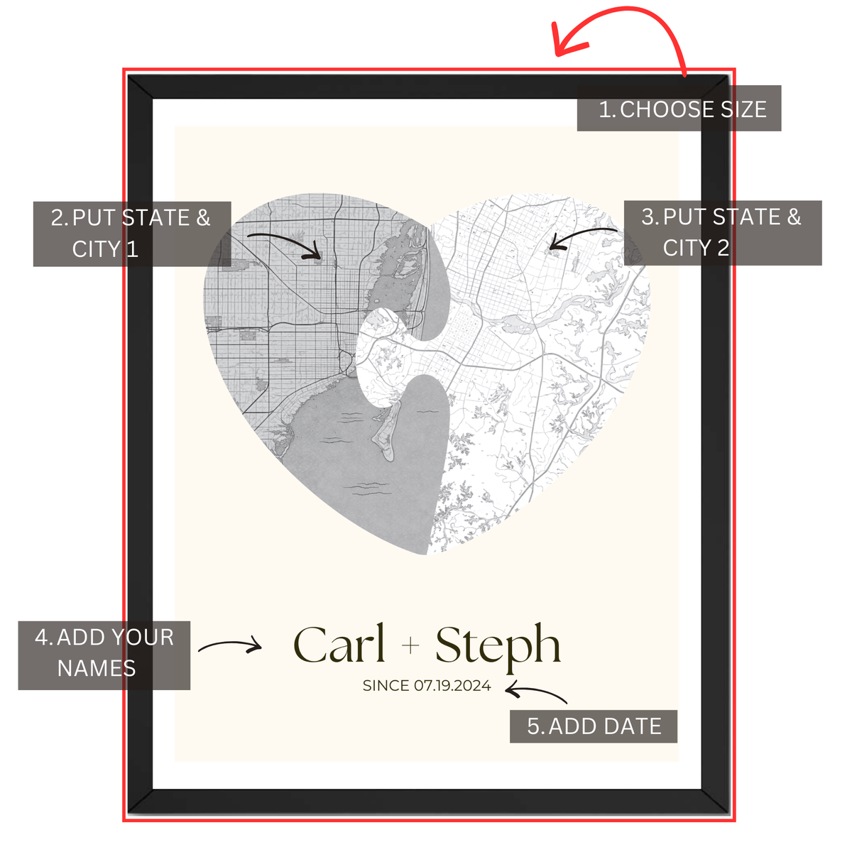Couple map poster customization guide showing two cities names date and size options