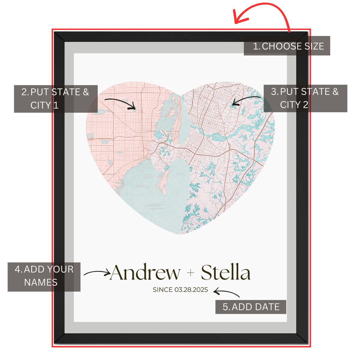 Two city heart map personalization guide showing locations names date and size selection