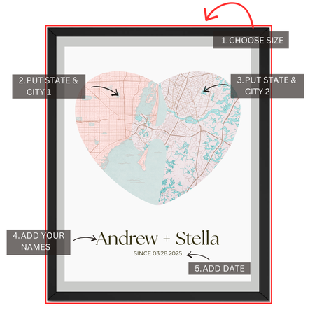 Two city heart map personalization guide showing locations names date and size selection