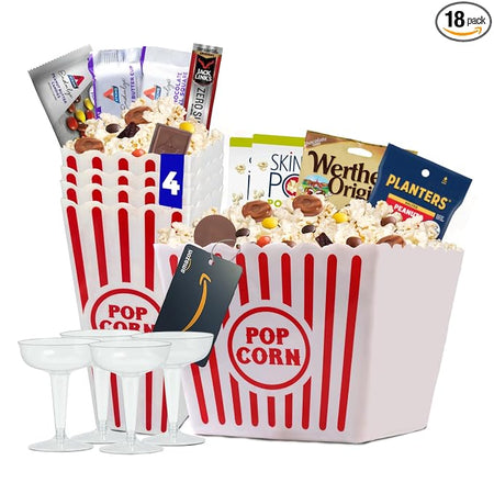 Wownic 18 piece graduation movie night gift basket with reusable popcorn bins snacks glasses and movie gift card